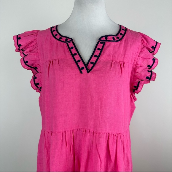 Navy Bleu Eloise Pink Embroidered Linen Flutter Sleeve Dress Size Large - Picture 3 of 14